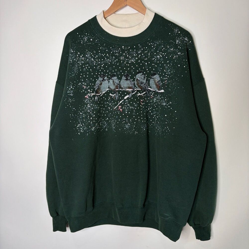 Vintage Sweatshirt Birds Chickadee Winter Snow Holiday Green Crewneck Women 2X